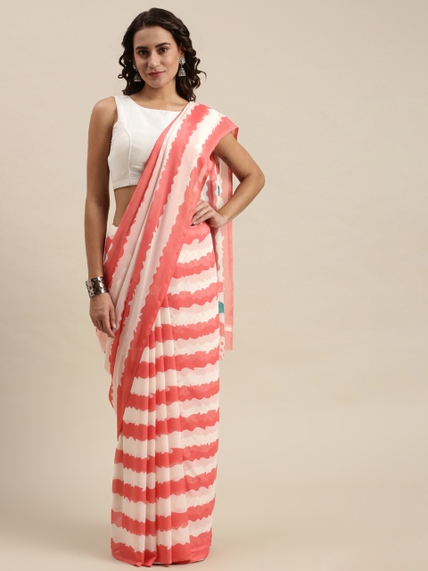 

KALINI White & Peach-Coloured Striped Saree