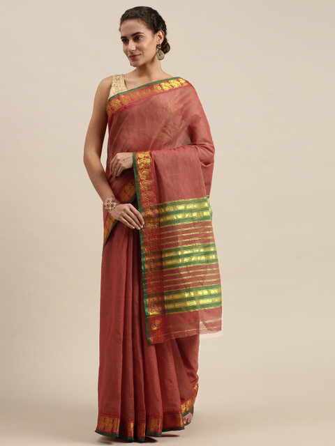 

KALINI Rust Brown & Green Pure Cotton Saree