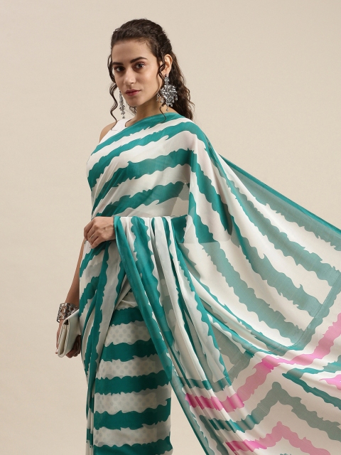 

KALINI White & Green Striped Saree