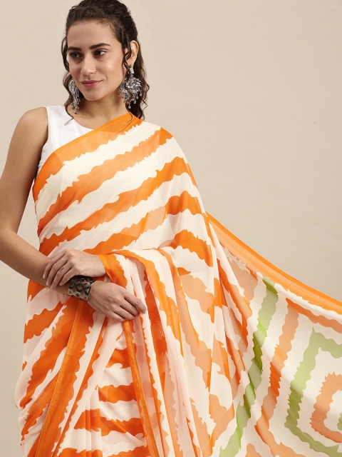 

KALINI White & Orange Striped Saree