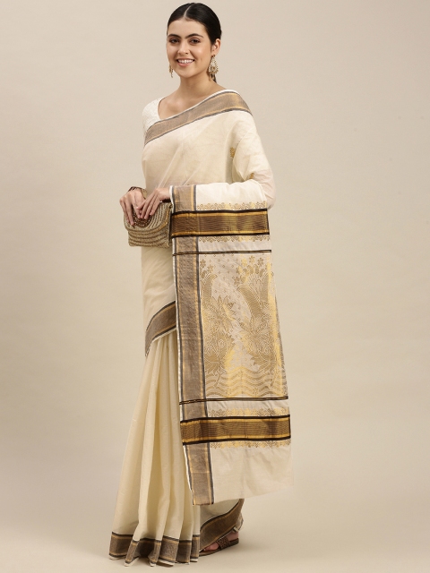 

Pavechas White & Golden Ethnic Motifs Pure Cotton Kasavu Saree
