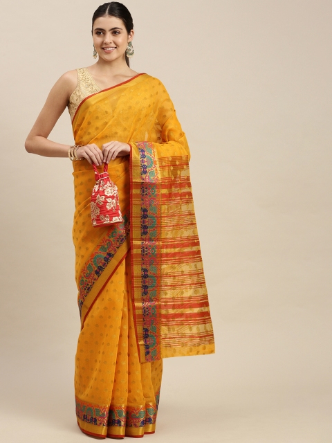 

Pavechas Mustard Yellow & Red Woven Design Saree