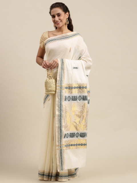 

Pavechas White & Green Ethnic Motifs Pure Cotton Kasavu Saree
