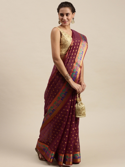

Pavechas Maroon & Green Woven Design Saree