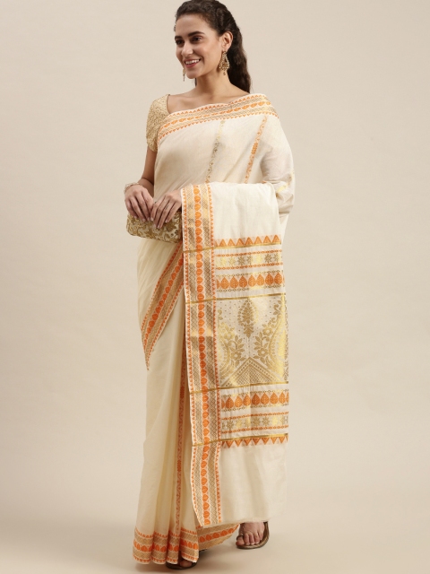 

Pavechas White & Yellow Ethnic Motifs Pure Cotton Kasavu Saree