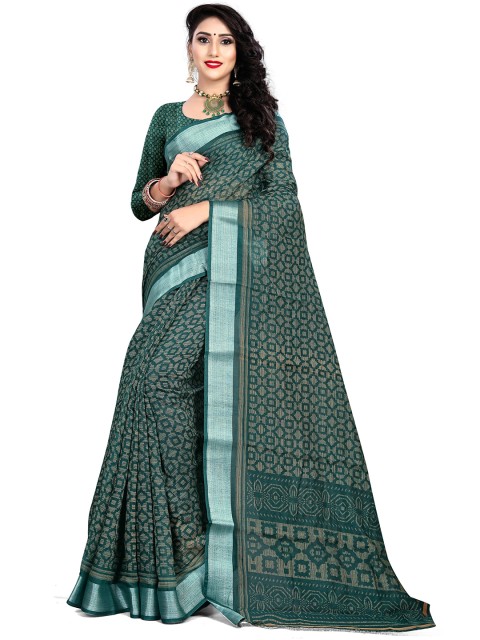 

Viva N Diva Green & Silver-Toned Linen Blend Saree