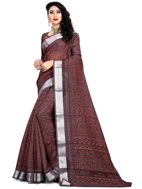 

Viva N Diva Brown & Silver-Toned Printed Zari Linen Blend Saree