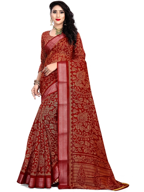 

Viva N Diva Maroon & Beige Floral Printed Zari Cotton Linen Saree