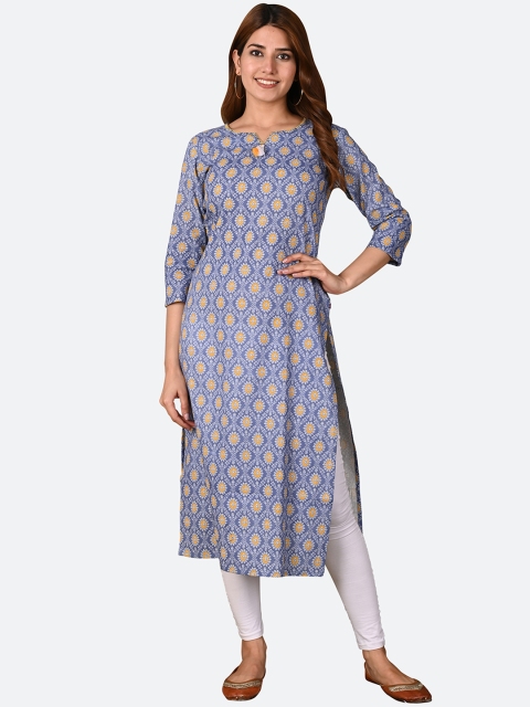 

KALINI Women Grey & Yellow Floral Printed Keyhole Neck Kurta