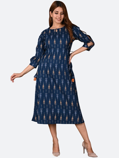 

KALINI Navy Blue Ethnic Motifs Keyhole Neck A-Line Midi Dress