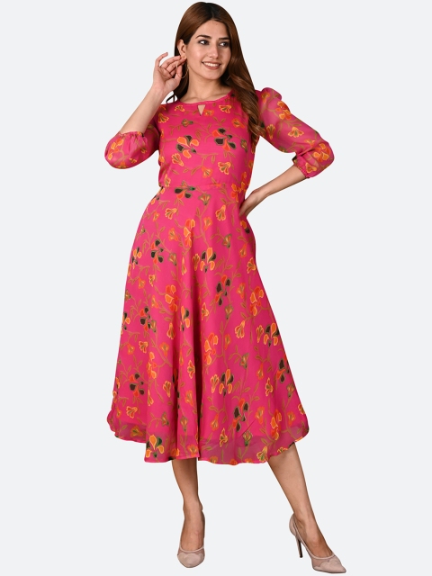 

KALINI Pink & Yellow Floral Keyhole Neck Floral A-Line Dress