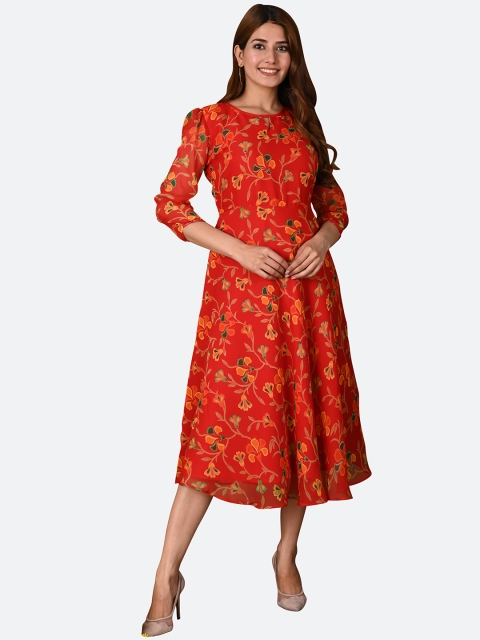 

KALINI Red Floral Keyhole Neck Midi Dress