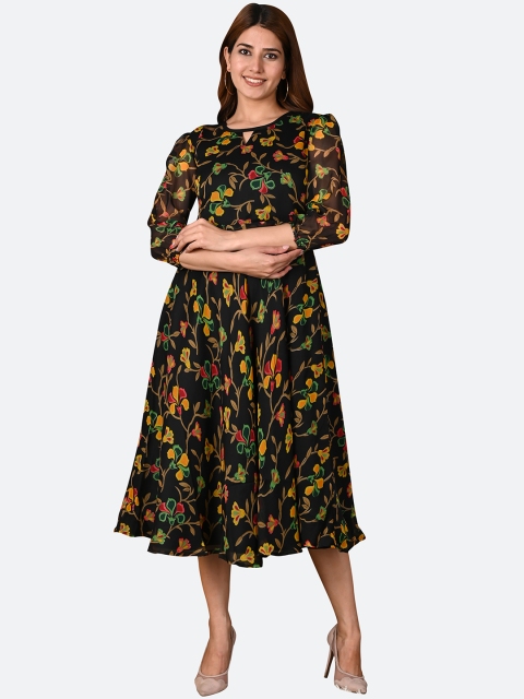 

KALINI Black Floral Keyhole Neck Georgette Midi Dress