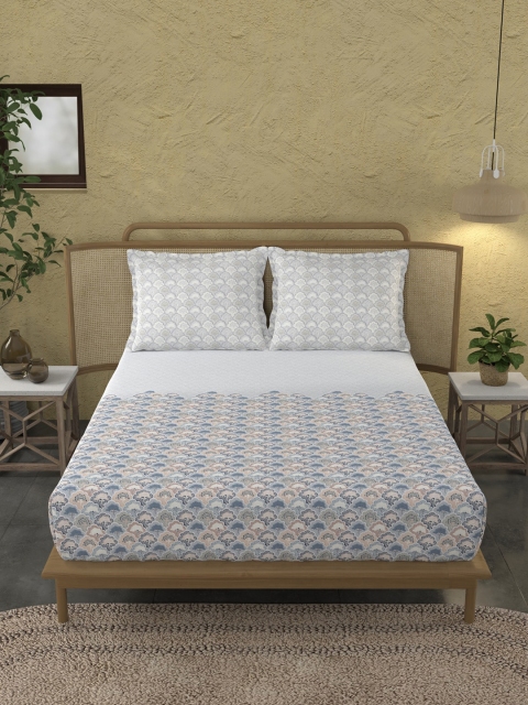 

Trident White & Blue Printed Cotton Double King Bed Cover With Pillow Covers