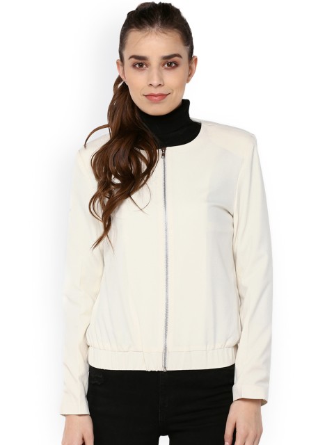 

Harpa Women White Solid Bomber Jacket