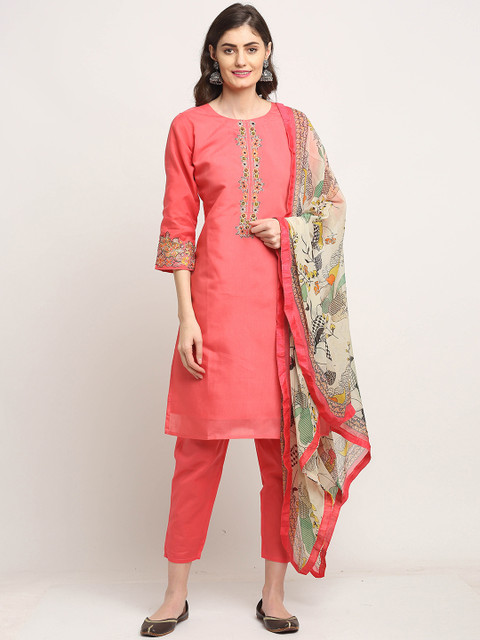 

Rajnandini Women Pink Thread Work Chanderi Cotton Kurta with Trousers & Dupatta