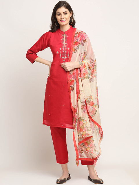 

Rajnandini Women Red Floral Thread Work Chanderi Cotton Kurta with Trousers & With Dupatta