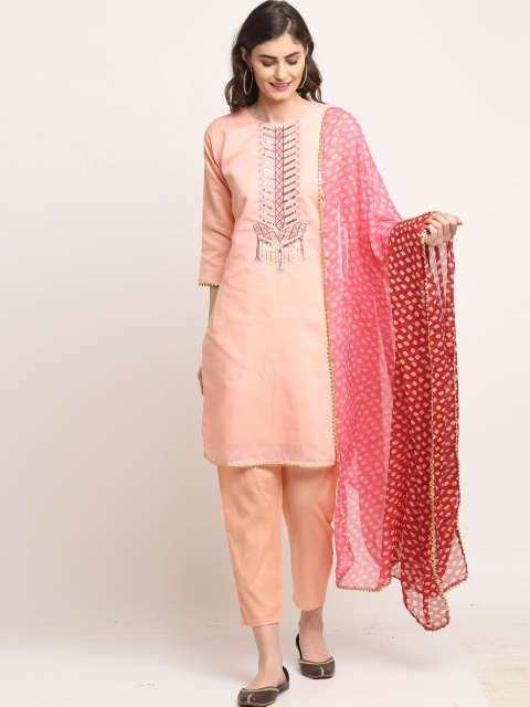 

Rajnandini Women Peach-Coloured Chanderi Cotton Kurta with Trousers & With Dupatta
