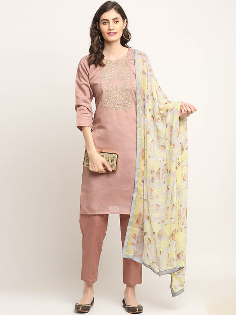 

Rajnandini Women Pink Embroidered Sequinned Chanderi Cotton Kurta with Trousers & With Dupatta