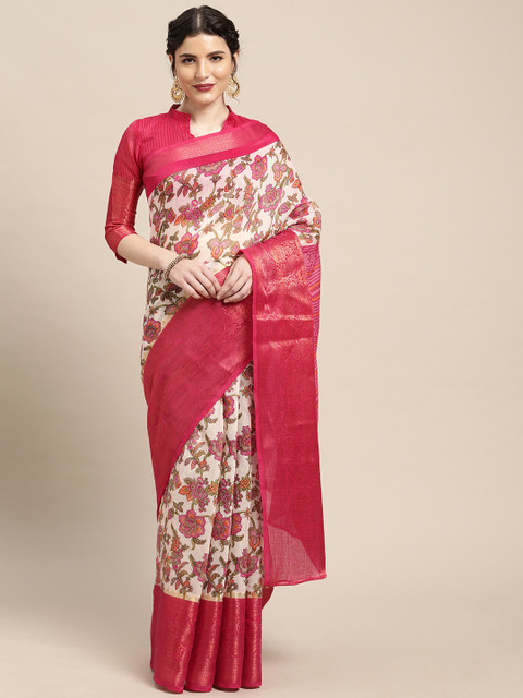 

Mitera White & Pink Ethnic Motifs Saree