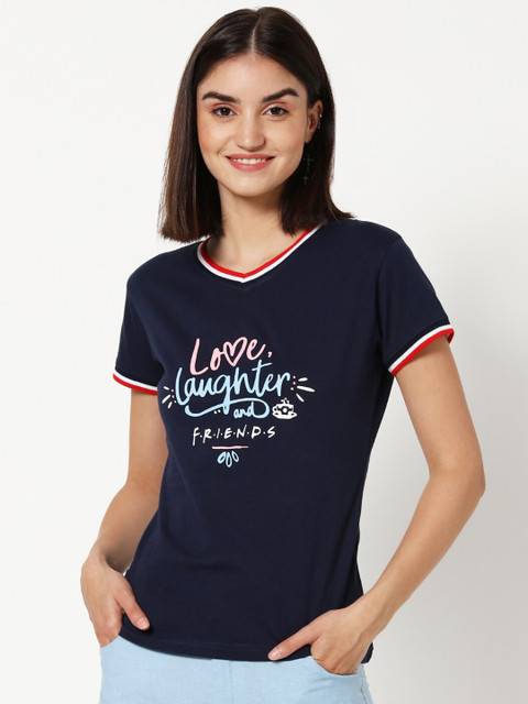 

Bewakoof Women Blue Typography Printed Pure Cotton T-shirt