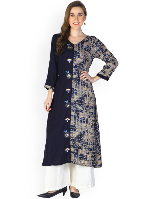

Sangria Women Blue Floral Printed Mirror Work Floral Kurta