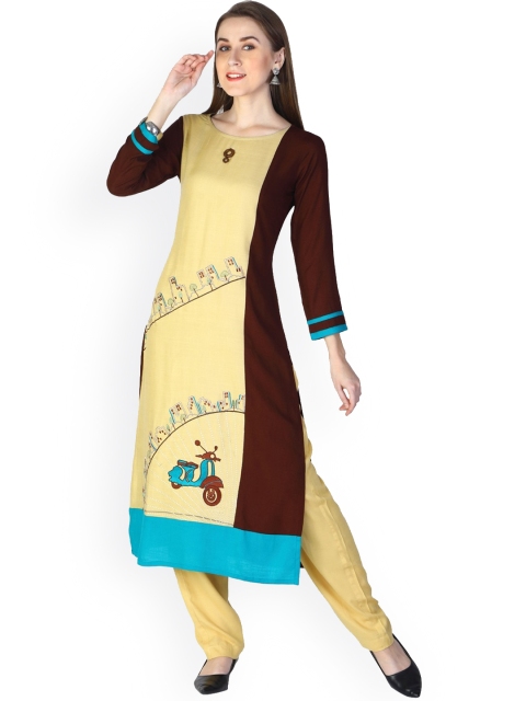 

Sangria Women Beige Colourblocked Mirror Work Floral Kurta