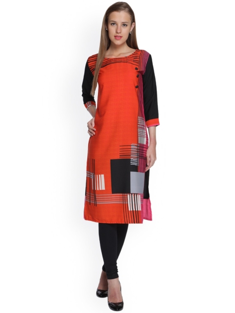 

Sangria Women Orange Geometric Printed Floral Crepe Kurta