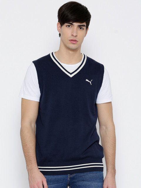 

PUMA Men Navy H2T Striped Detail Sleeveless Solid S L Sweater, Navy blue
