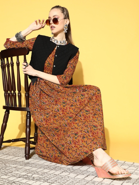 

Nayo Women Stylish Mustard Floral Cinched Waist Dress