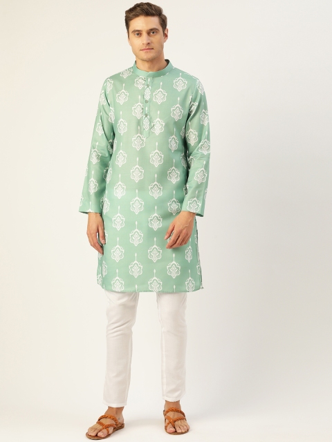 

Molly & Michel Men Green Ethnic Motifs Printed Pure Cotton Kurta with Pyjamas