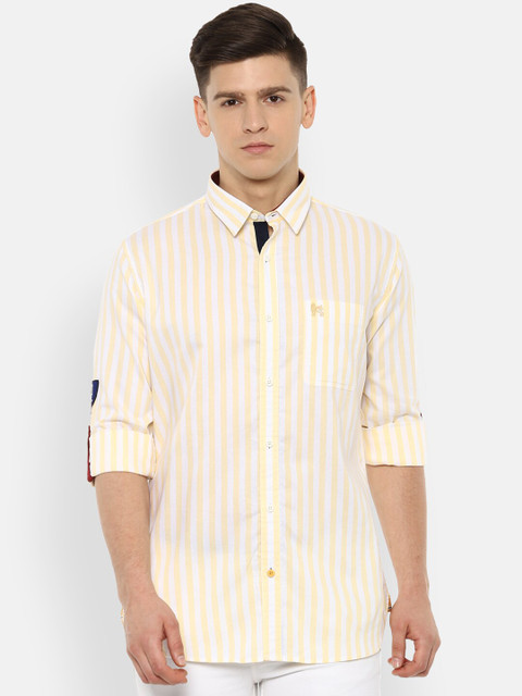 

Van Heusen Sport Men Yellow & White Slim Fit Vertical Striped Pure Cotton Casual Shirt