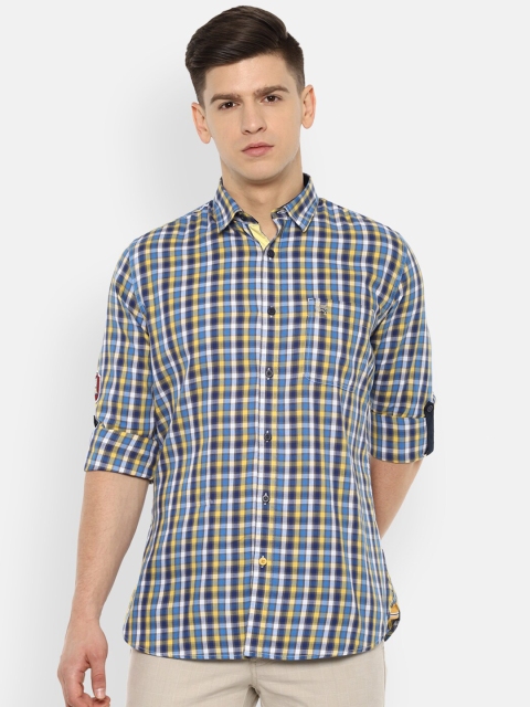 

Van Heusen Sport Men Blue & Yellow Slim Fit Checked Pure Cotton Casual Shirt