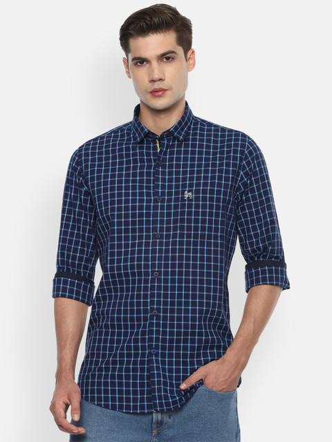 

Van Heusen Sport Men Navy Blue Slim Fit Grid Tattersall Checks Pure Cotton Casual Shirt
