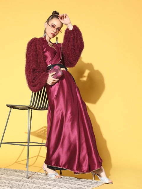 

Tikhi Imli Maroon Satin Saree with Detachable Fur Sleeves