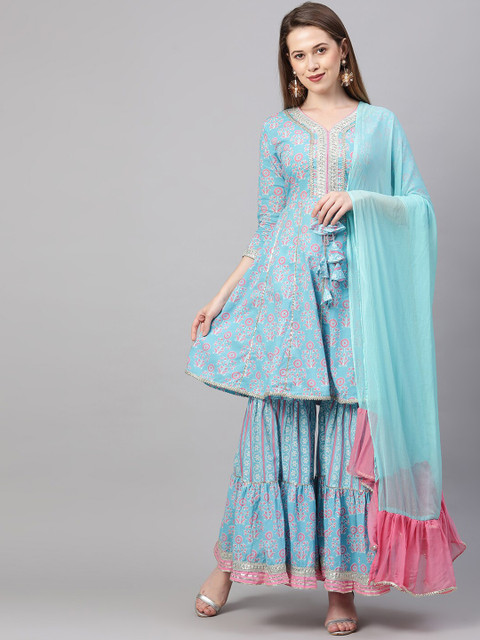 

FASHOR Women Blue Floral Printed Gotta Patti Pure Cotton Kurta with Sharara & With Dupatta