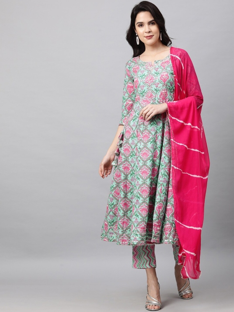 

FASHOR Women Sea Green Gotta Patti Pure Cotton Anarkali Kurta with Trousers & Dupatta