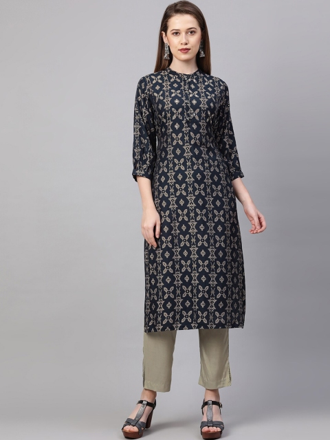 

FASHOR Women Blue & Beige Ethnic Motifs Printed Kurta with Trousers