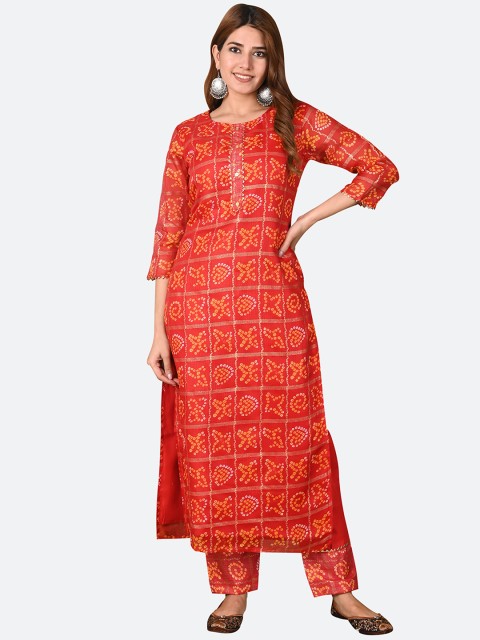 

KALINI Women Red & Yellow Bandhani Printed Kurta with Trousers