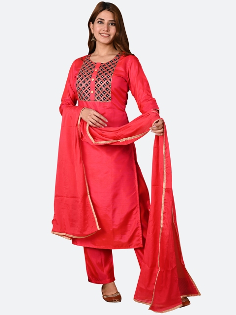 

KALINI Women Red Straight Kurta with Trouser & With Dupatta