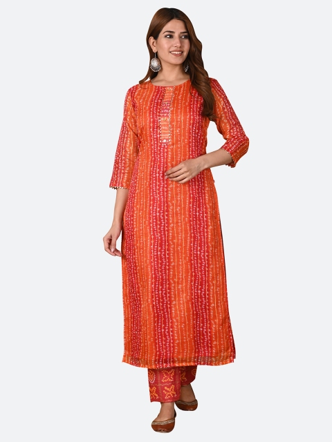 

KALINI Women Orange Bandhani Printed Gotta Patti Kurta with Trousers
