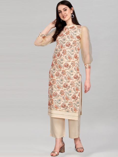 

KALINI Women Cream-Coloured & Red Floral Foil Printed Straight Kurta