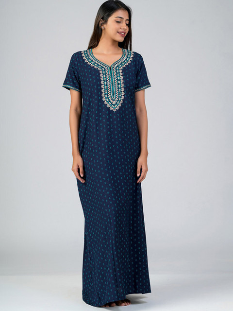 

Maybell Blue Embroidered Pure Cotton Maxi Nightdress