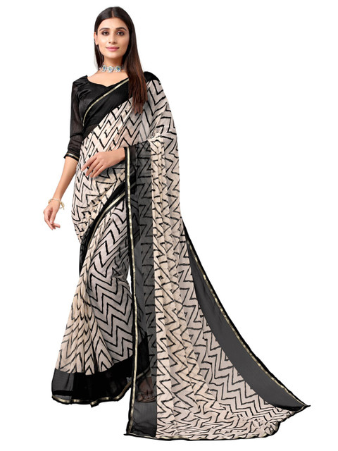 

KALINI Off White & Black Geometric Printed Chiffon Saree