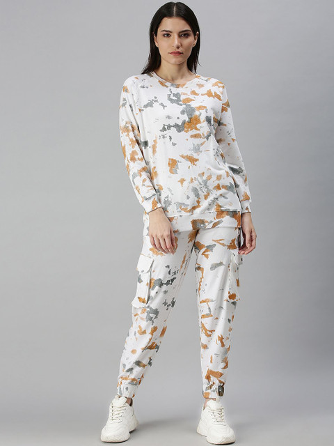 

JUNEBERRY Women White & Grey Tie & Dye Printed Cotton Track Suit