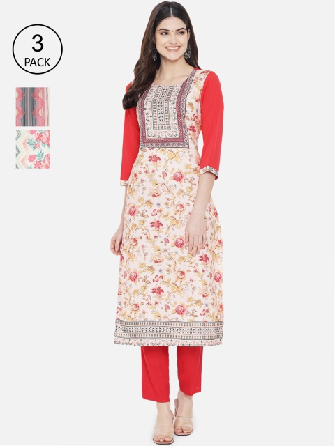 

KALINI Women Pack of 3 Ethnic Motifs Embroidered Crepe Kurtas, Red