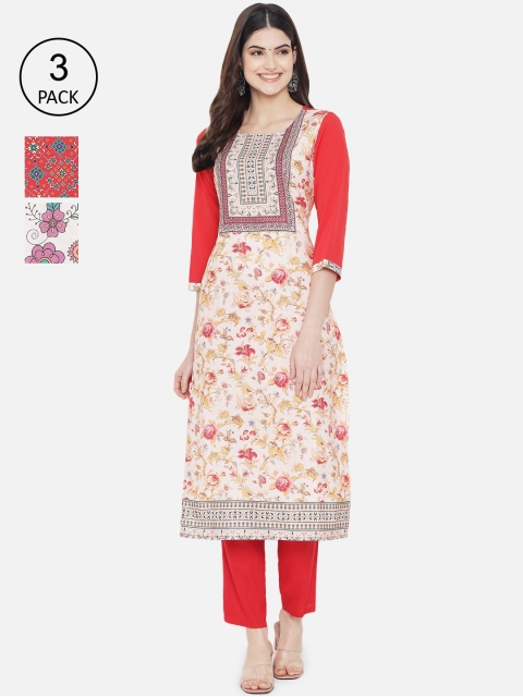 

KALINI Women Pack Of 3 White & Red Floral Printed Crepe Kurta