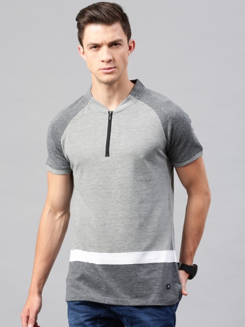 

HRX by Hrithik Roshan Grey Melange Colourblocked Mandarin Collar T-shirt