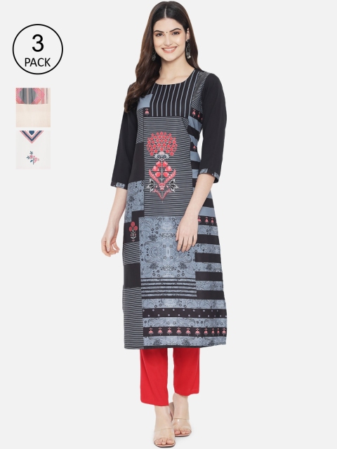 

KALINI Women Pack of 3 Black & Cream-Coloured Printed Straight Crepe Kurta