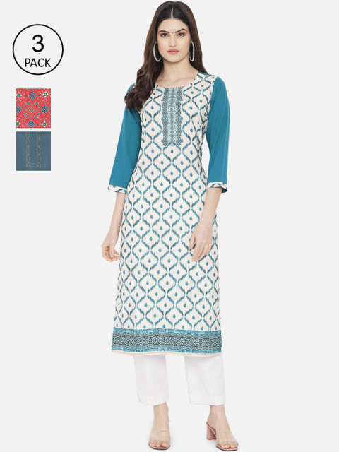

KALINI Women Pack of 3 Ethnic Motifs Printed Crepe Kurta, Multi